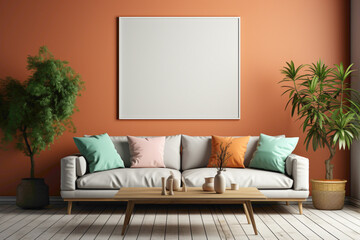 A minimalistic yet impactful living room mockup with solid colorful accents and a blank empty frame, providing a clean and modern canvas for your creative messaging.