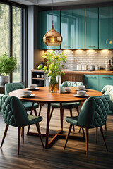 Step into a stylish dining area with a Scandinavian aesthetic, featuring turquoise chairs arranged around a wooden round dining table. 