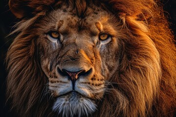 Fototapeta premium Close-up of Lions Face on Black Background