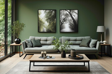 Step into a stylish living room adorned with two sofas in harmonious green and charcoal grey hues, accompanied by a wooden table. 