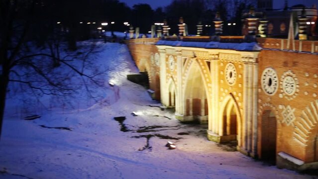 Beautiful walls near Tsaritsyno Palace at winter evening 