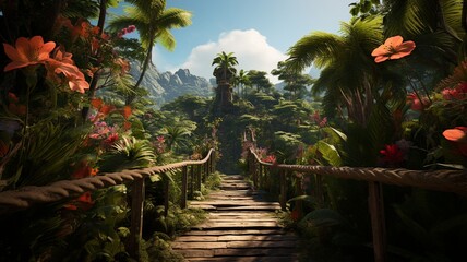 A jungle abode with a wooden bridge leading to its entrance, surrounded by vibrant flowers and towering trees -Generative Ai