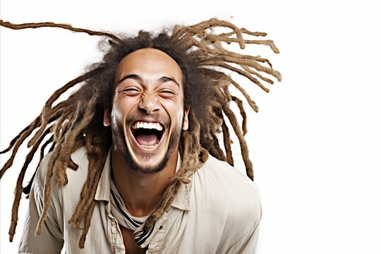 close-up portrait,african man in shirt, with beard, with dreadlocks smiling on white background