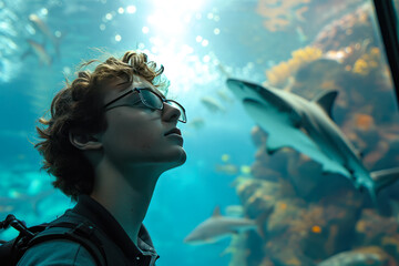 young man with a statue of a shark on his face, standing in front of an aquarium.