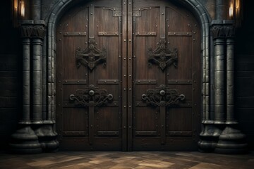 Large gothic doors made from dark wood, accentuated by inserts of stone