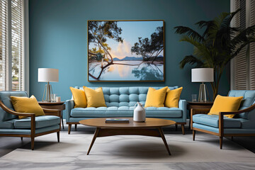 Transform your space into a haven of color with blue and yellow sofas framing a wooden table against a blank empty frame.  
