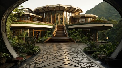 Obraz na płótnie Canvas A jungle house with a striking geometric design, nestled among vibrant flora, creating a visually stunning and harmonious environment -Generative Ai