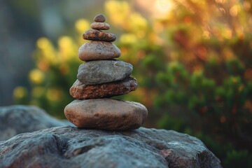 Fototapeta na wymiar Stacked stones in natural scenery, zen style