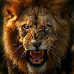 Angry lion face close up - obrazy, fototapety, plakaty
