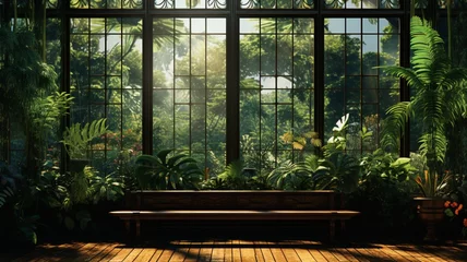 Fotobehang A jungle house with large glass windows, capturing the mesmerizing play of sunlight and shadows within the dense foliage -Generative Ai © Zia Ur