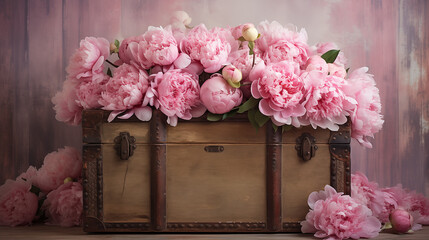 Peonies in a chest as a holiday card with copy space, Mother's Day