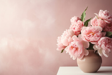 Bouquet of peonies in a vase on a studio background with copy space as a greeting card concept for Women's Day	
