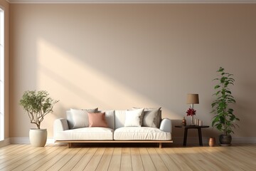 Fototapeta na wymiar A bright living room with a sofa, plants, and a side table