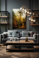 Visualize a contemporary living room where a big mock-up poster takes center stage, complemented by a wooden coffee table featuring a chic ball lamp. 