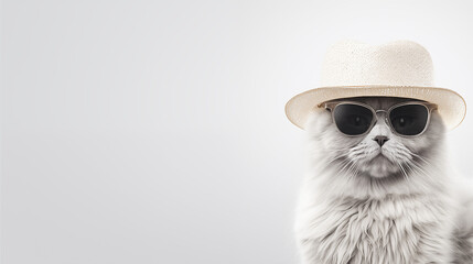 Cat in sunglasses and a hat on a light white background, copy space, pet store advertising