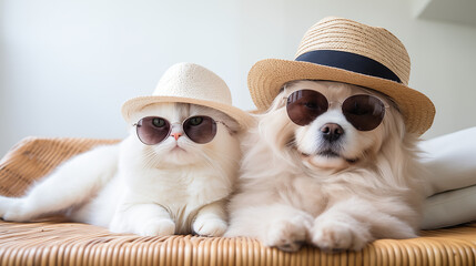 Cool cat and dog wearing sunglasses as a concept for advertising sunglasses and sun protection