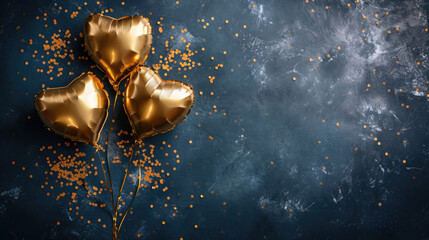 Generative AI, Foil golden balloons in heart shape and confetti for Valentine's day or wedding with copy space	
 - obrazy, fototapety, plakaty