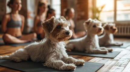 fitness with pups and yoga for girls.Young girl on yoga mats, bright yoga studio