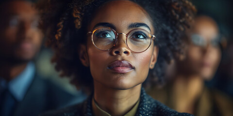 Black History Month banner with business african-american woman close up portrait over group of peoples background. Juneteenth Freedom Day Celebration, african liberation day concept.