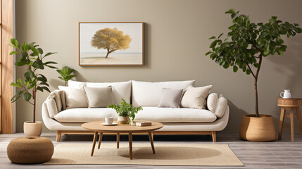A well-lit living room corner showcasing a comfortable beige sofa and a stylish table adorned with a single, eye-catching plant. The details capture the essence of modern design.