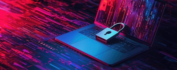 An open laptop with a padlock on it, colorful algorithm background