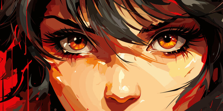 Anime face with red eyes from cartoon. Web banner for anime, manga vector flat bright colors