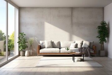 Modern living room interior with sofa and plants near window