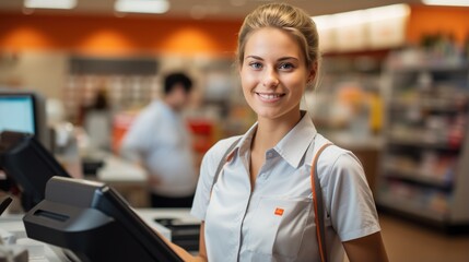 Portrait of a young female cashier at a grocery store