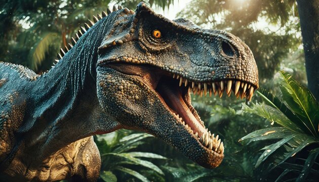 Dinosaurio T-Rex en medio de una selva. Amenazante y salvaje. Generado con IA