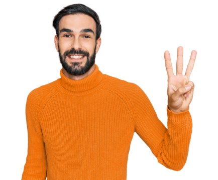 Young hispanic man wearing casual clothes showing and pointing up with fingers number three while smiling confident and happy.