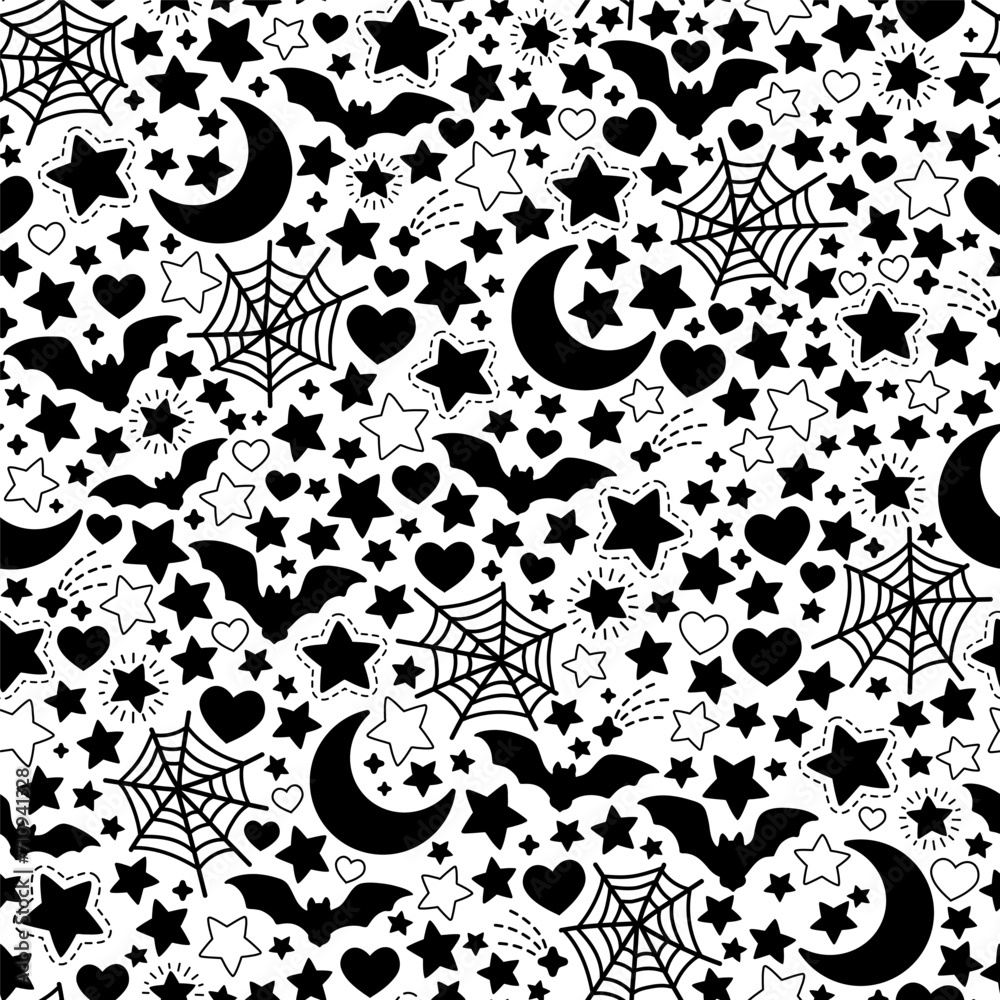 Canvas Prints seamless monochrome pattern of halloween elements. background with bats and stars