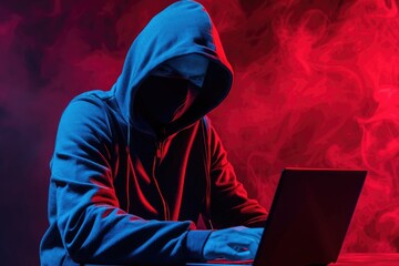 Man wearing hoodie without face with a laptop, dark color background. Cyber security
