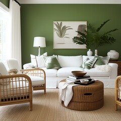 White wicker chairs and sofa in a green living room