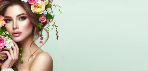 Fotobehang Portrait of a girl in flowers with beautiful makeup. © F@natka