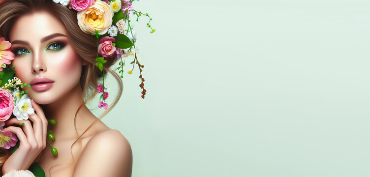 Portrait of a girl in flowers with beautiful makeup.