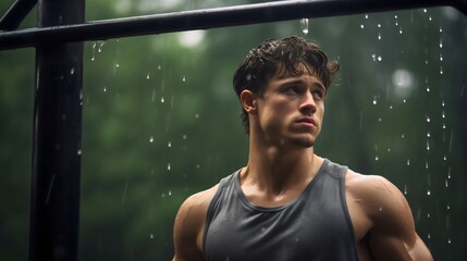 Handsome young man with big muscular and vascular arms, attractive and fit youthful male model working out outdoors in the calisthenics or street workout park, rain falling, athlete strong body