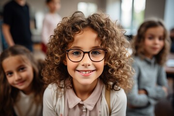 Portrait of a smiling school girl with curly hair wearing glasses