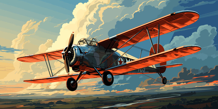 vector illustration of the cumulonimbus clouds image with a biplane flying in the blue sky