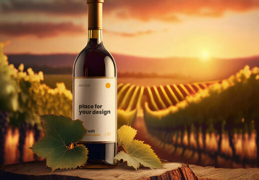 Bottle of Wine in Vineyard Label Mockup 02