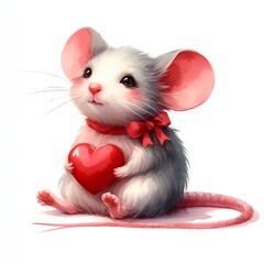 Cute mouse with red heart for Valentine's Day card decor watercolor paint