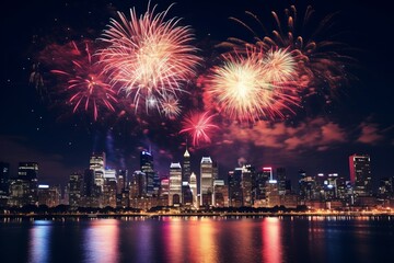 Cityscape Ablaze with Fireworks Above Skyscrapers