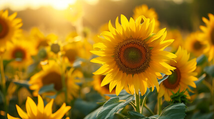Beautiful field of blooming sunflowers against blurry sunset golden light