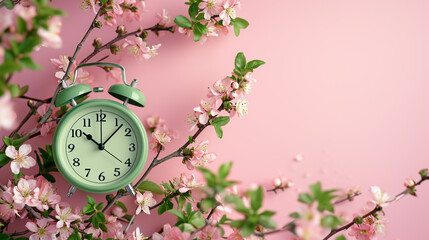 Green clock with flowers on a pink background, the concept of the arrival of spring