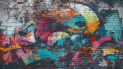 Wall with colorful graffiti in a brick building