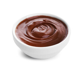 Bowl of delicious melted chocolate on white background