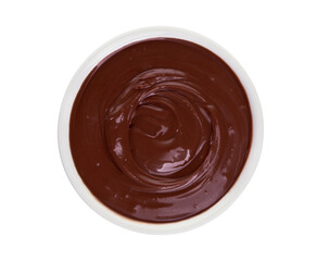 Bowl of yummy melted chocolate on white background