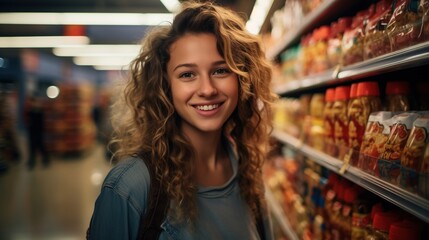 Portrait of a young woman smiling in a grocery store