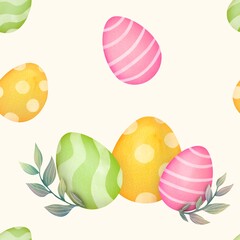 seamless pattern with flowers, branches, eggs. happy Easter greeting card. bright cute Clipart, Paschal background in watercolor style. Christian church holiday Easter. Nice wallpaper, backdrop