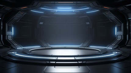 A room that is empty, dark, and has a 3d illustration of a modern futuristic sci-fi background.