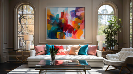 Experience the vibrancy of a modern living room featuring a palette of bright colors and an empty white frame, allowing for customizable artwork or memories.